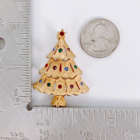 VTG Signed JJ Jonette Gold Tone Christmas Tree Brooch Pin Colorful Crystals - Picture 10 of 10